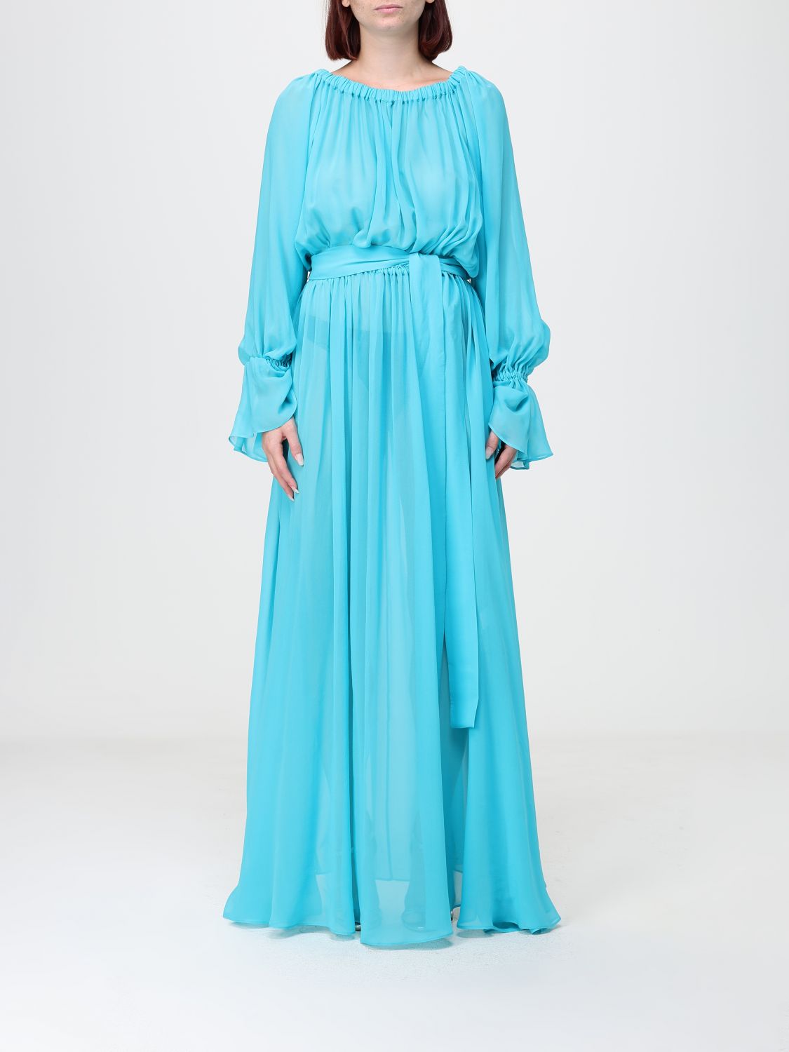 COLLINI MILANO 1937 Long-Sleeved Chiffon Evening Gown with Tie-Waist