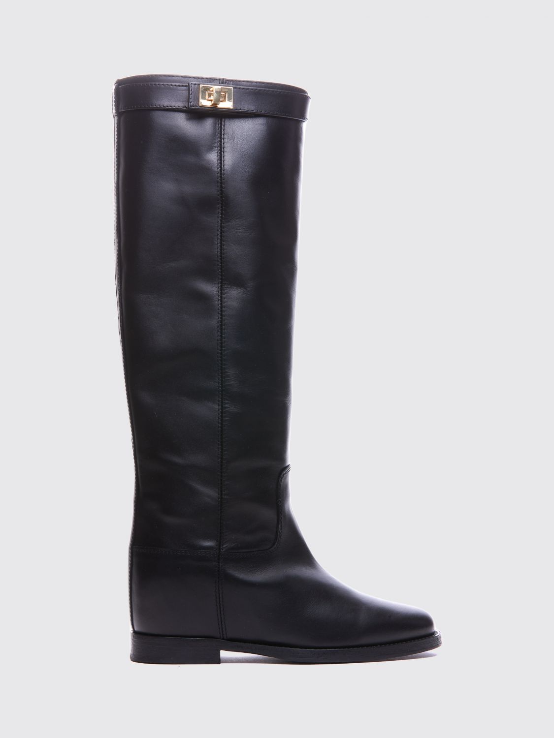 Via Roma 15 Knee-High Smooth Leather Wedge Boots with Strap Details