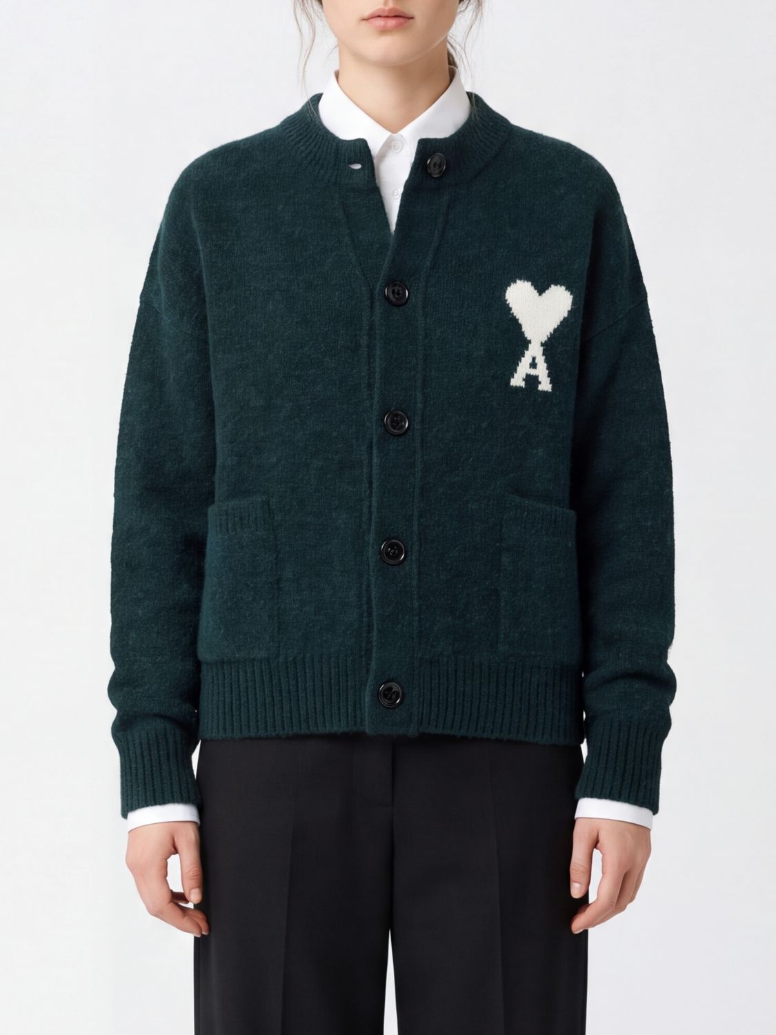 AMI PARIS Relaxed Fit Cardigan in Wool and Alpaca Blend with Jacquard Logo