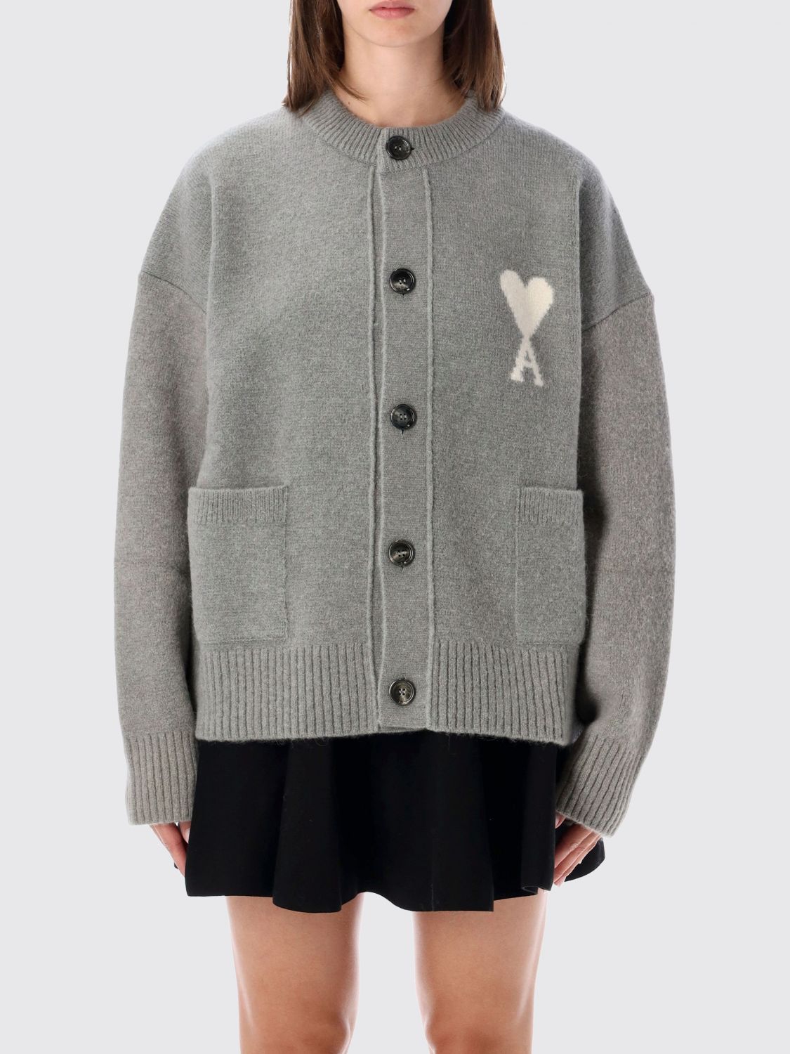 AMI PARIS Relaxed Fit Cardigan in Wool and Alpaca Blend with Jacquard Logo