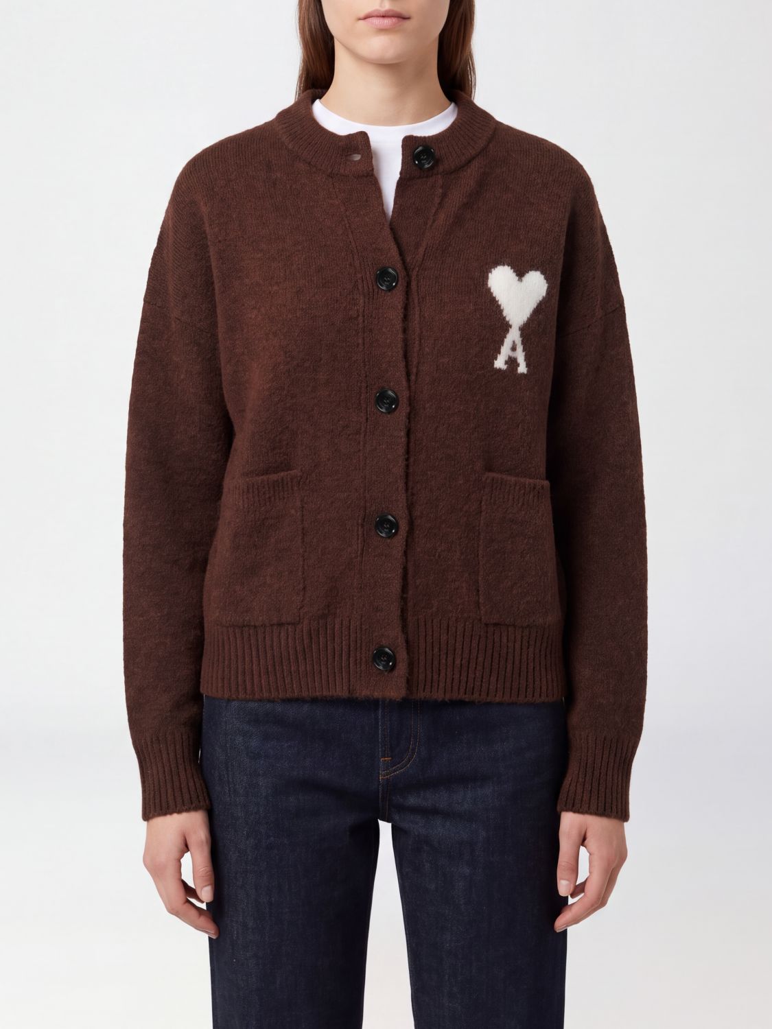 AMI PARIS Relaxed Fit Cardigan in Wool and Alpaca Blend with Jacquard Logo
