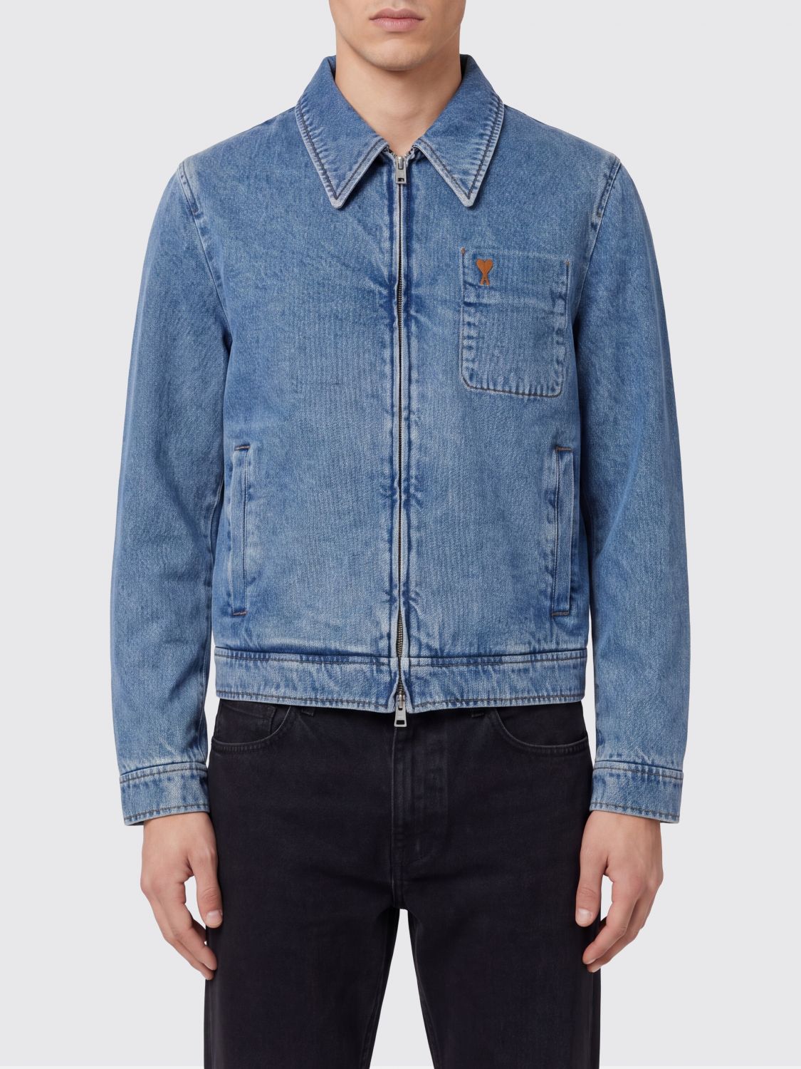Ami Paris Embroidered Logo Cotton Denim Shirt Jacket