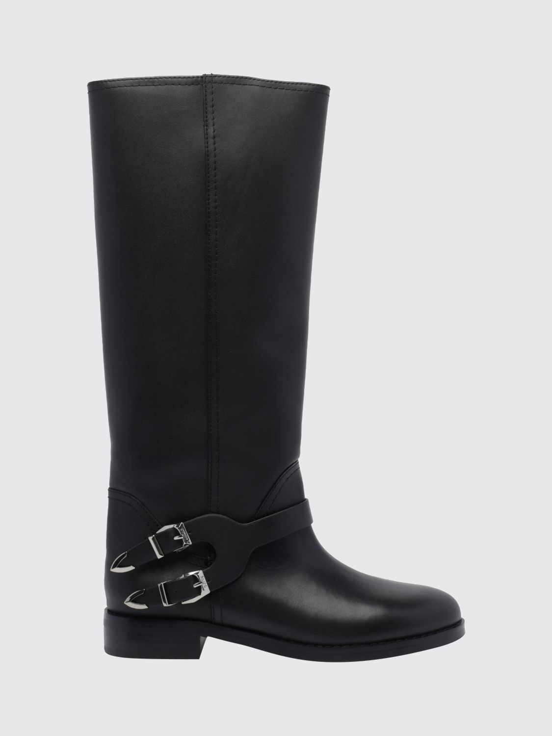 PINKO Knee-High Biker Boots in Smooth Leather with Rubber Sole