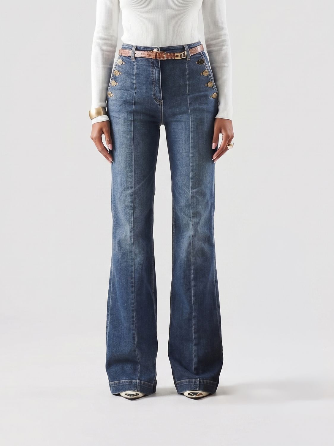 ELISABETTA FRANCHI Mid-Rise Slim Fit Flare Jeans in Denim