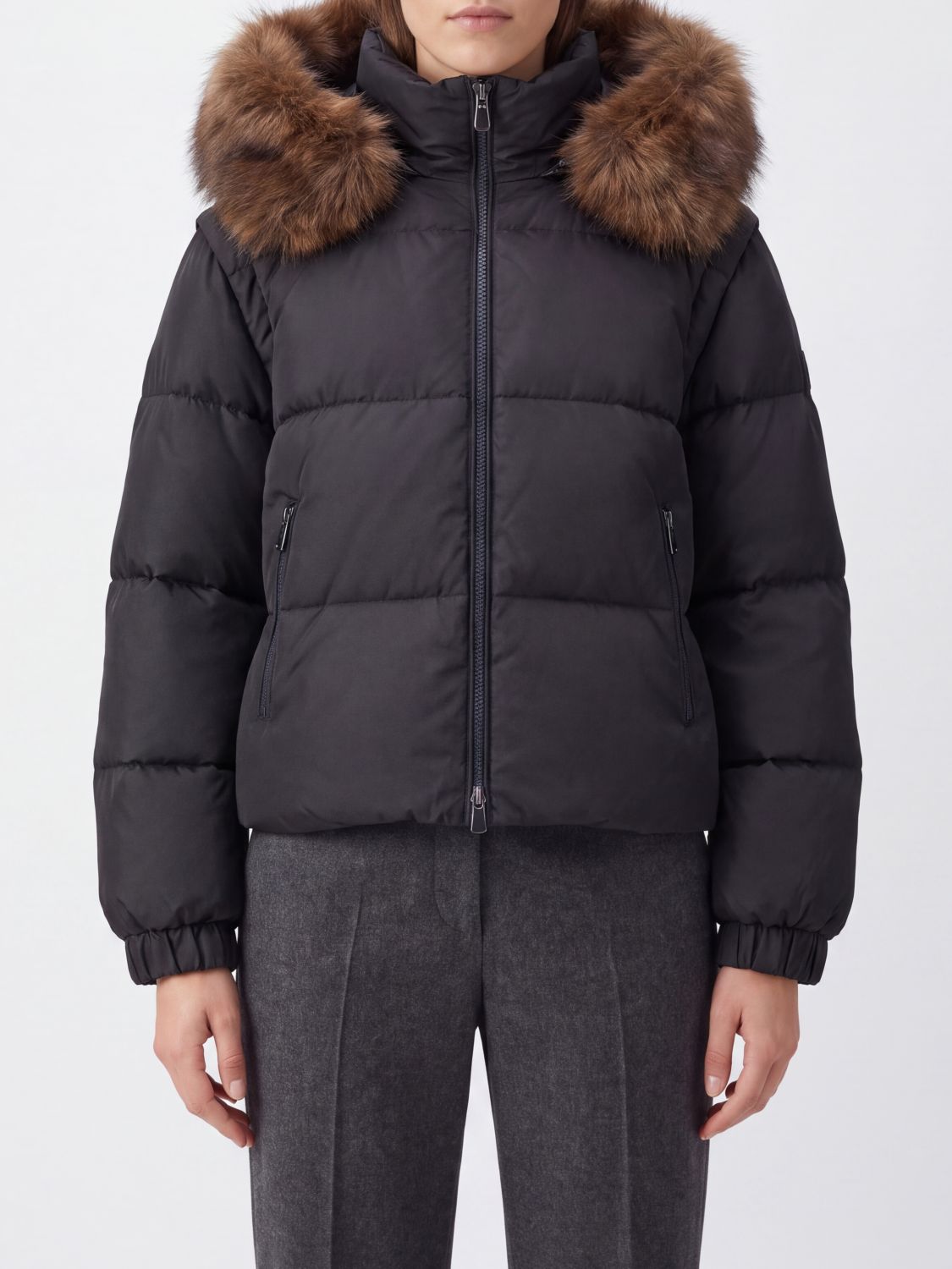PINKO Godetia Nylon Puffer Jacket with Hood, Fur Collar, and Removable Sleeves
