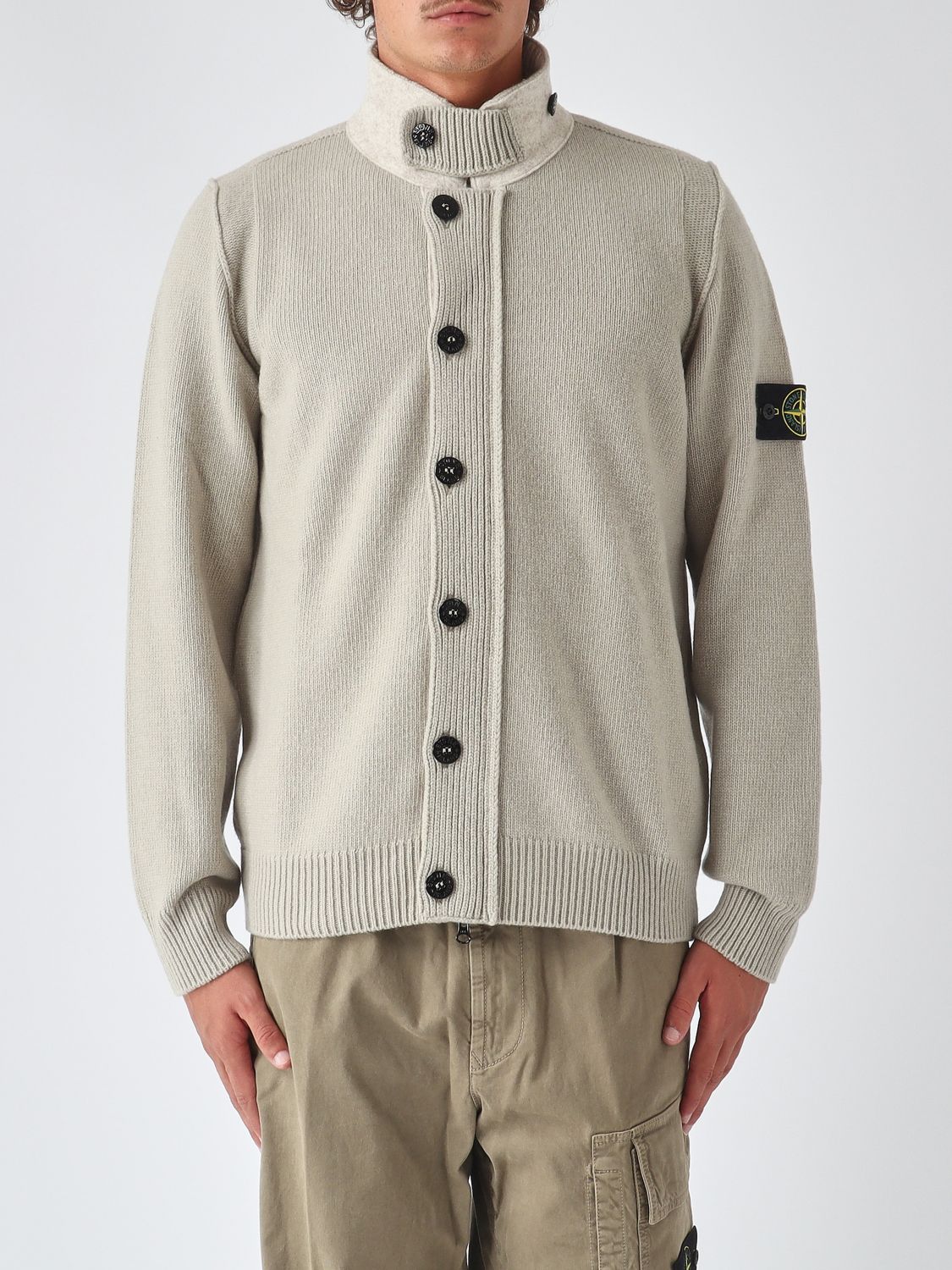 STONE ISLAND Strickjacke aus Schurwollmischung mit Stehkragen und Logo-Patch