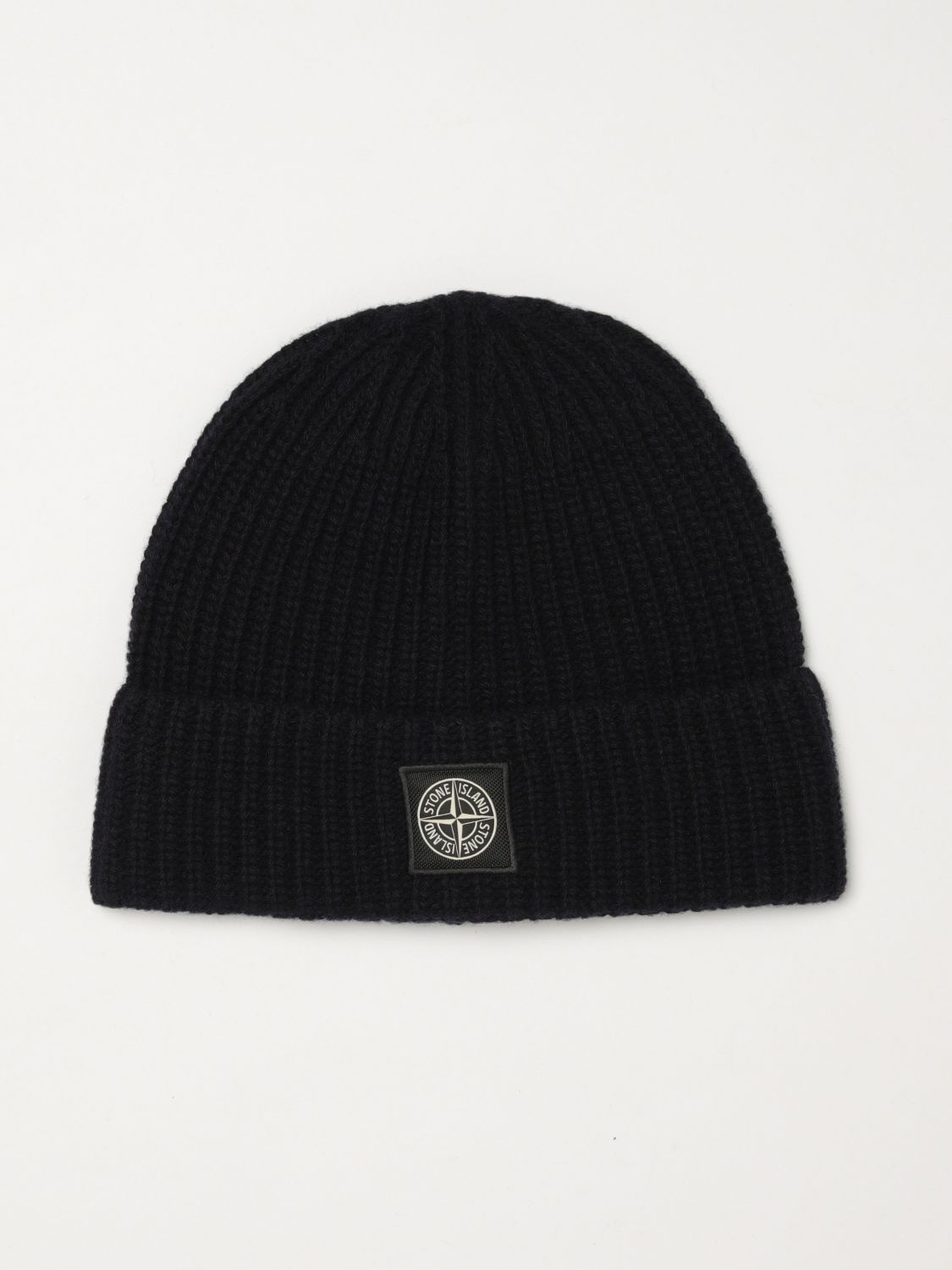 Stone Island Ribbed Virgin Wool Beanie Hat with Compass Logo