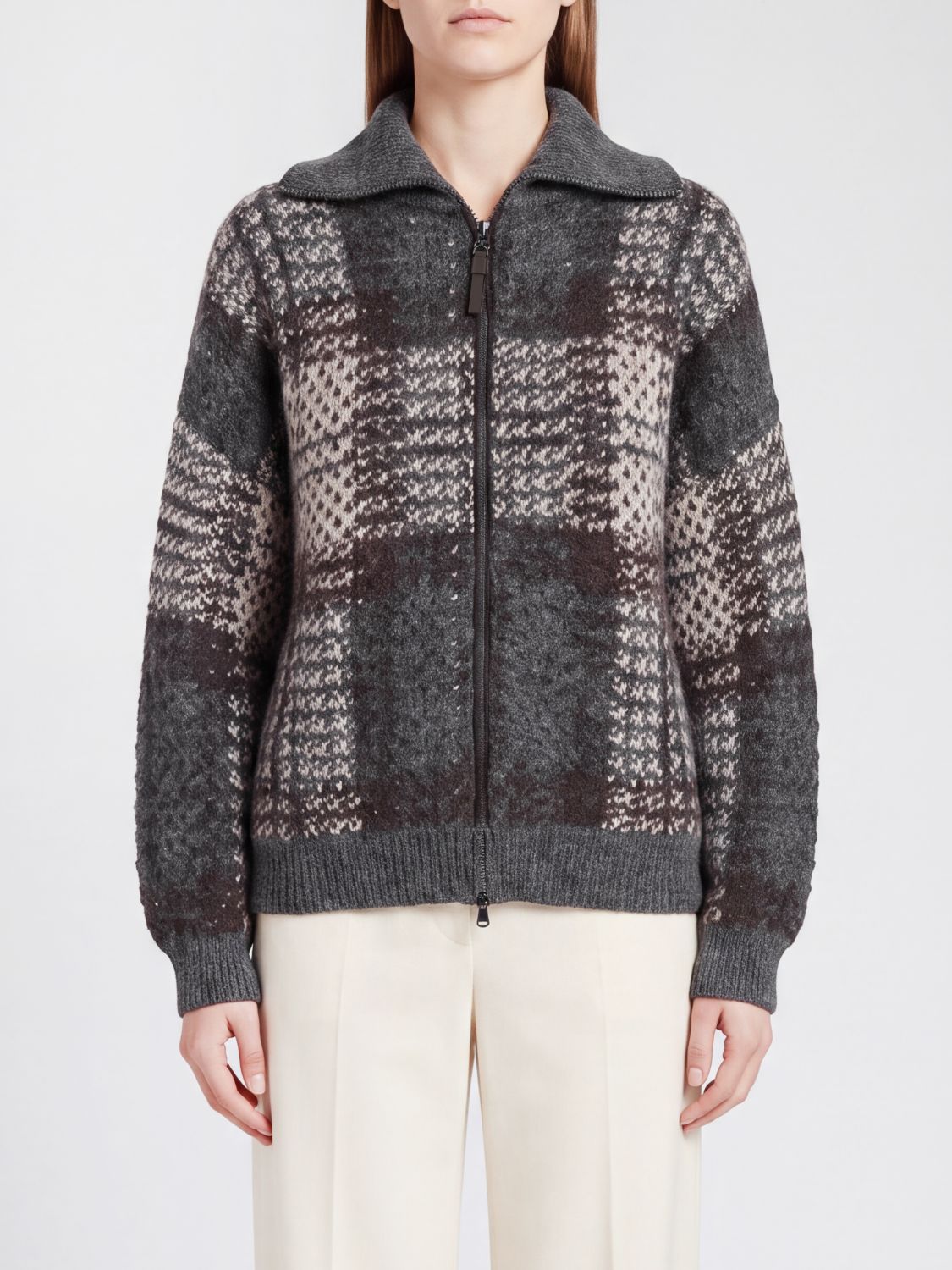 Brunello Cucinelli Check Wool-Blend Cardigan with Zip and Sequins · XS