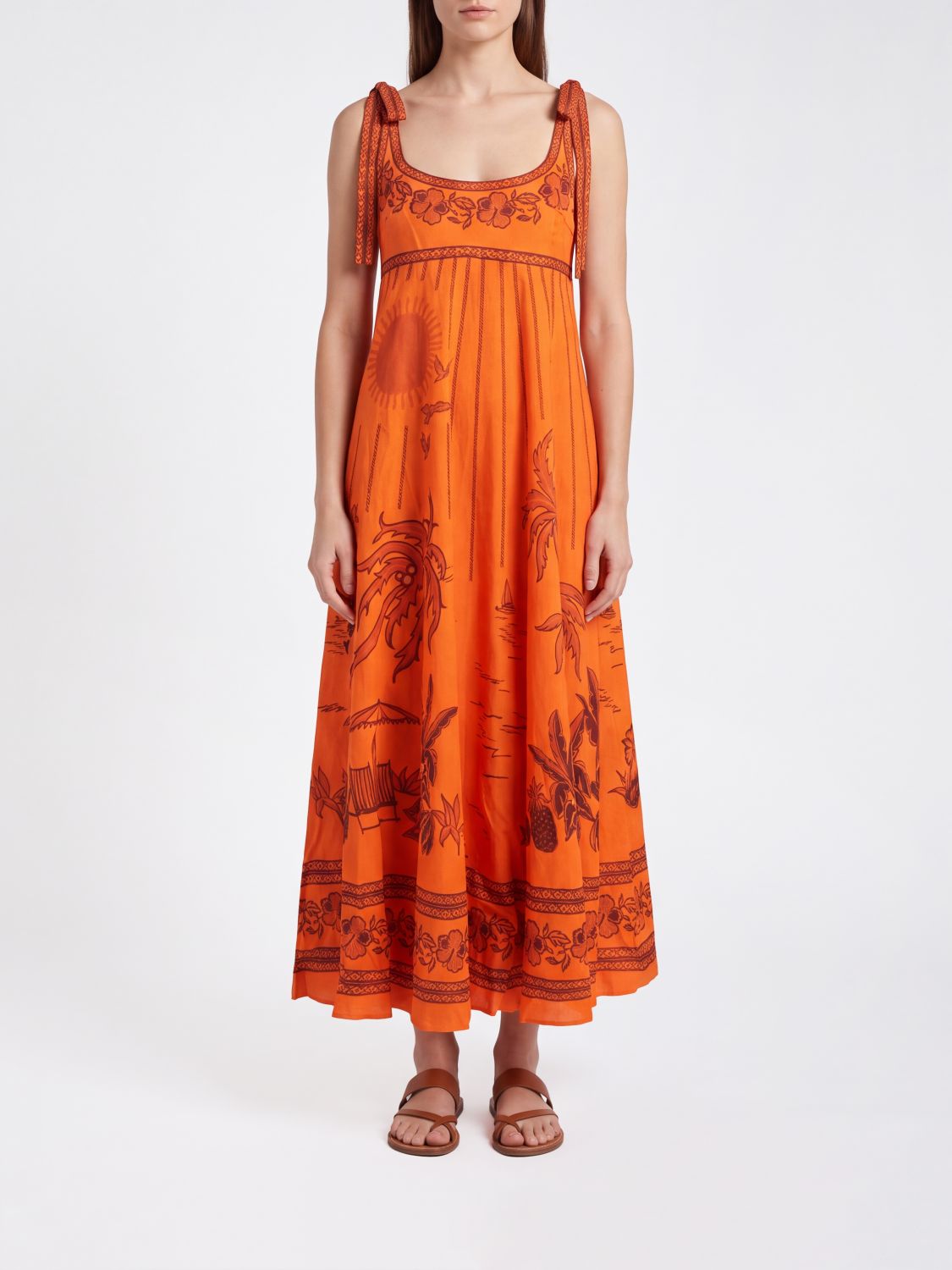 Alemais Boathouse Linen Midi Dress with Graphic Print and Square Neckline