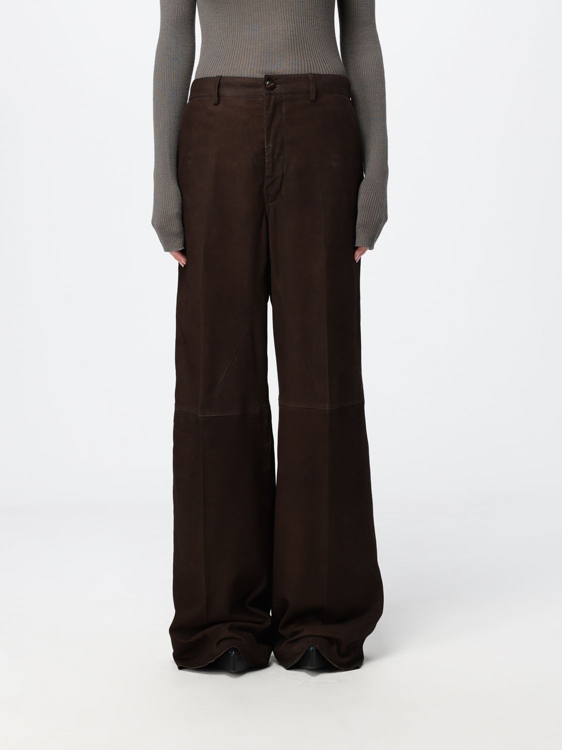 RICK OWENS High-Waisted Suede Calf Leather Flared Trousers