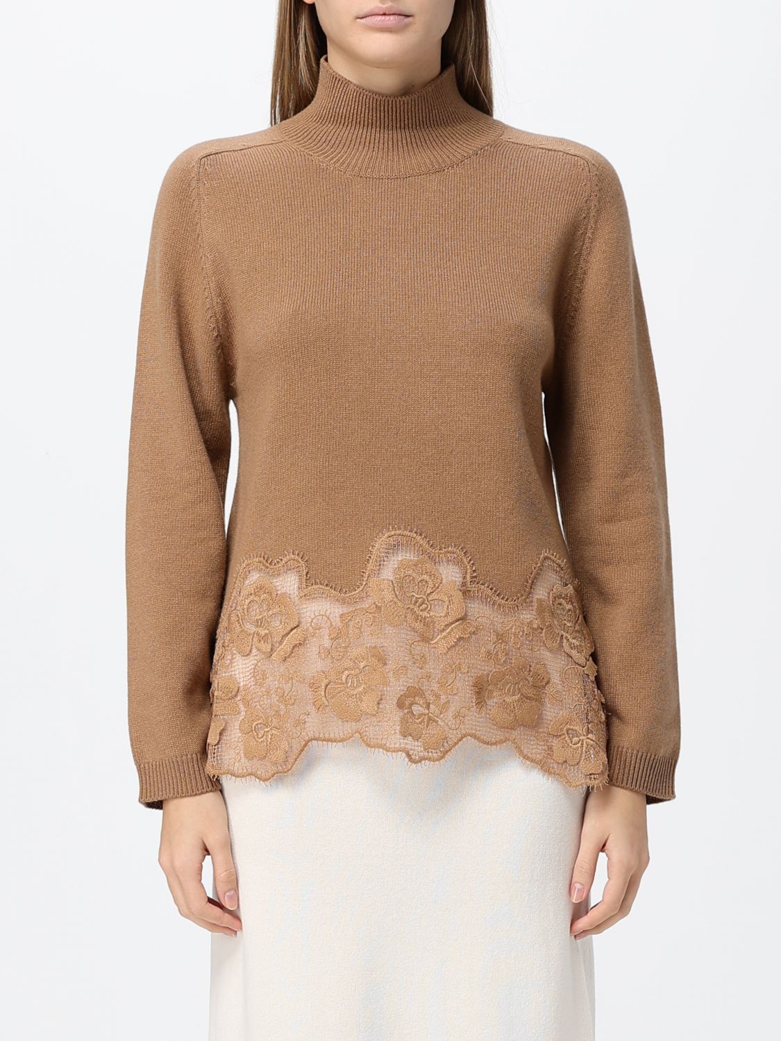 Fabiana Filippi Virgin Wool, Silk and Cashmere Jumper with Lace Inserts