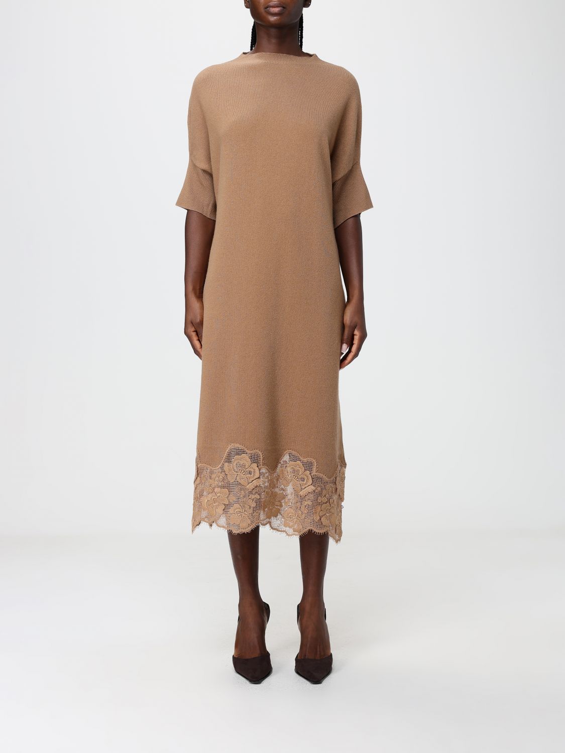FABIANA FILIPPI A-Linien-Midikleid aus Wolle und Seide mit Spitzeneinsätzen