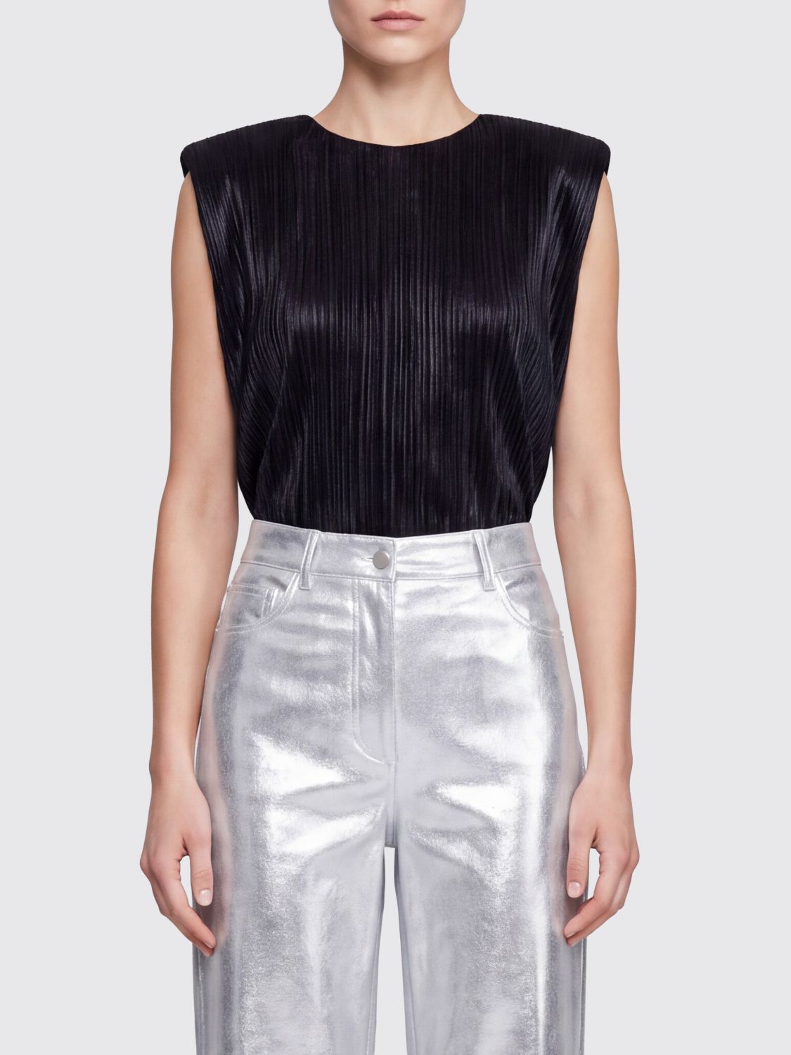 FORTE FORTE Sleeveless Pleated Technical Fabric Top with Crew Neck