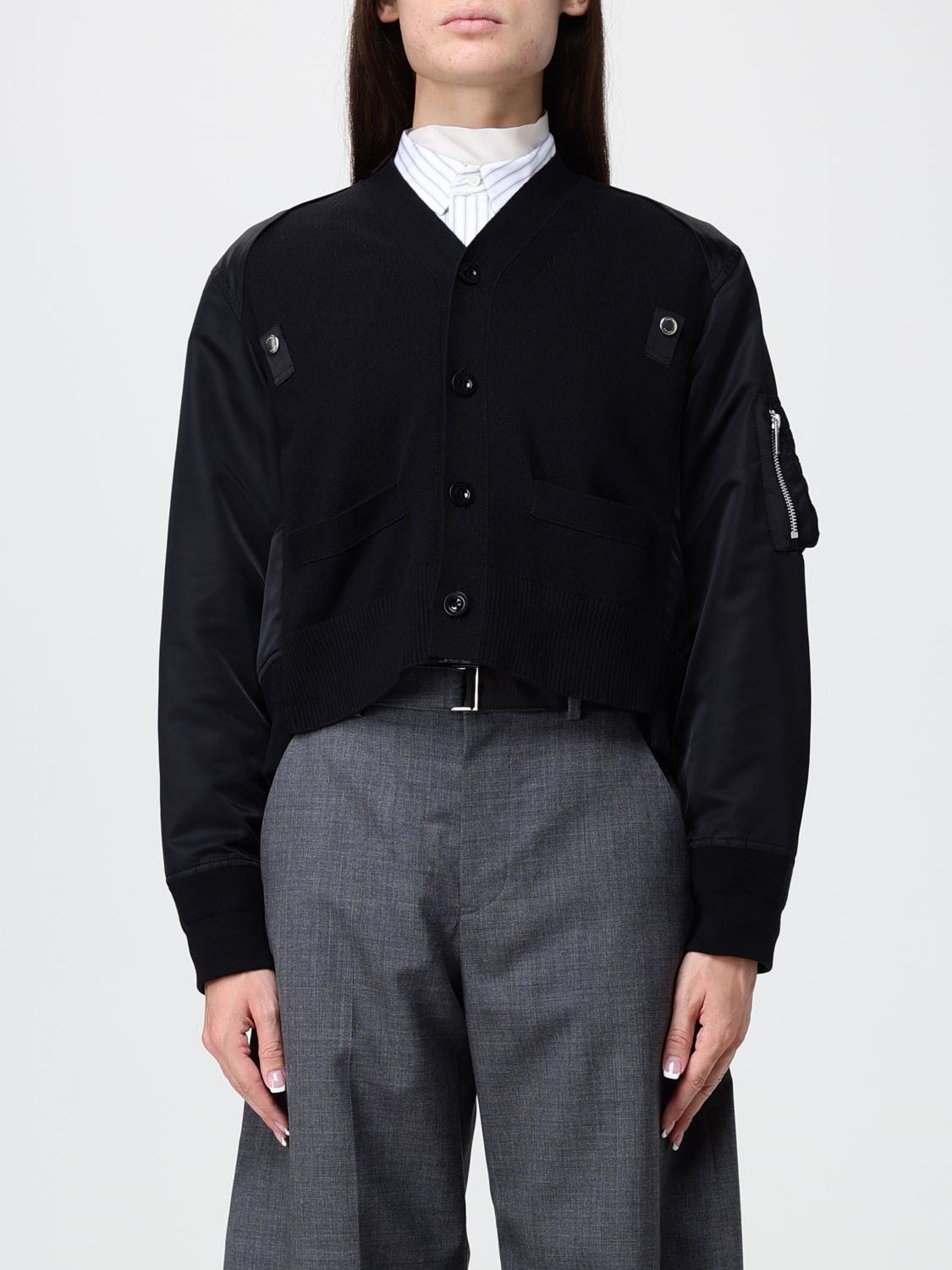 SACAI Zweifarbiger Cardigan aus Baumwolle und Nylon mit Reißverschlusstaschen