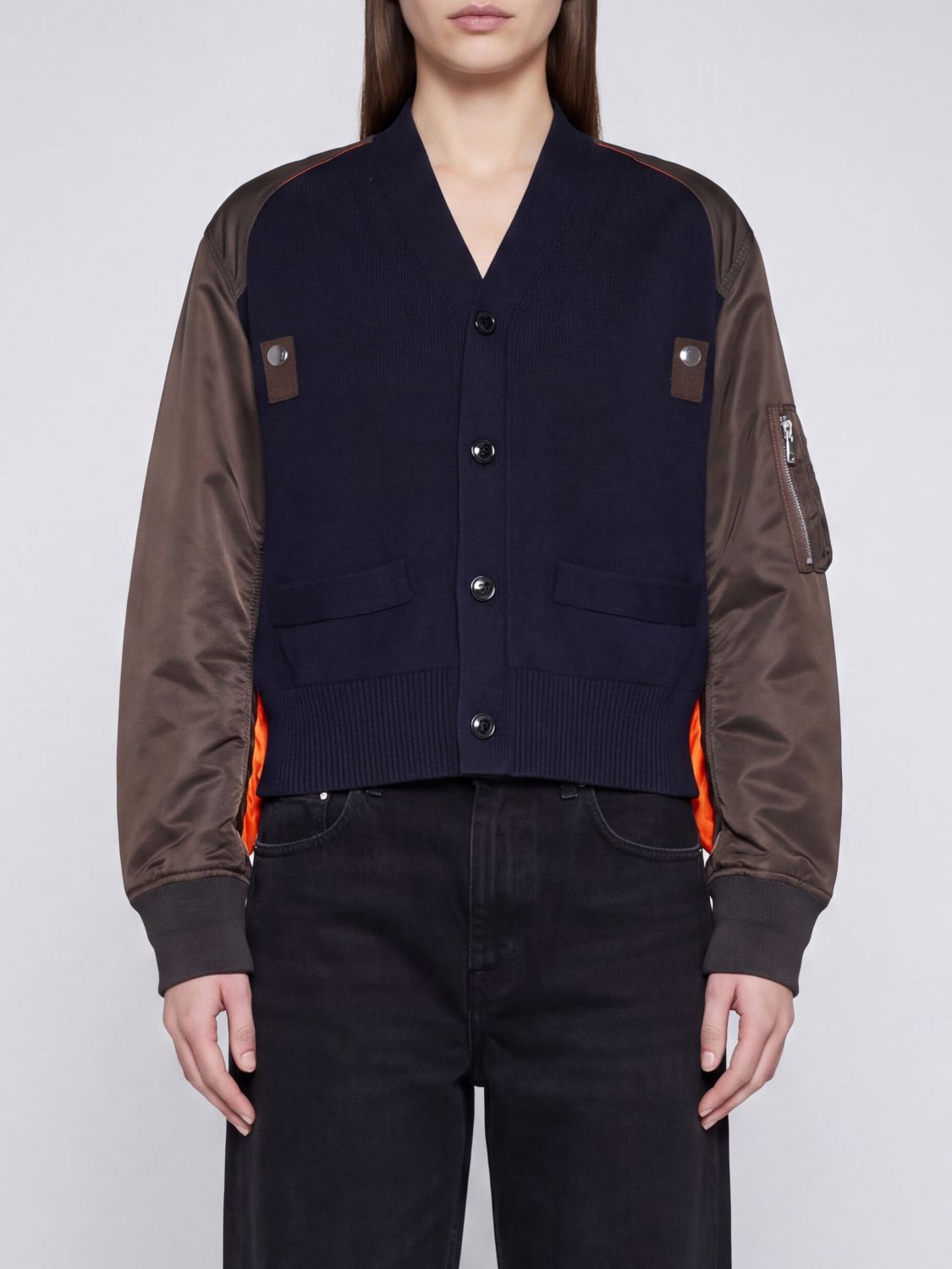 SACAI Bicolor Cotton and Nylon Cardigan with Zip Pockets