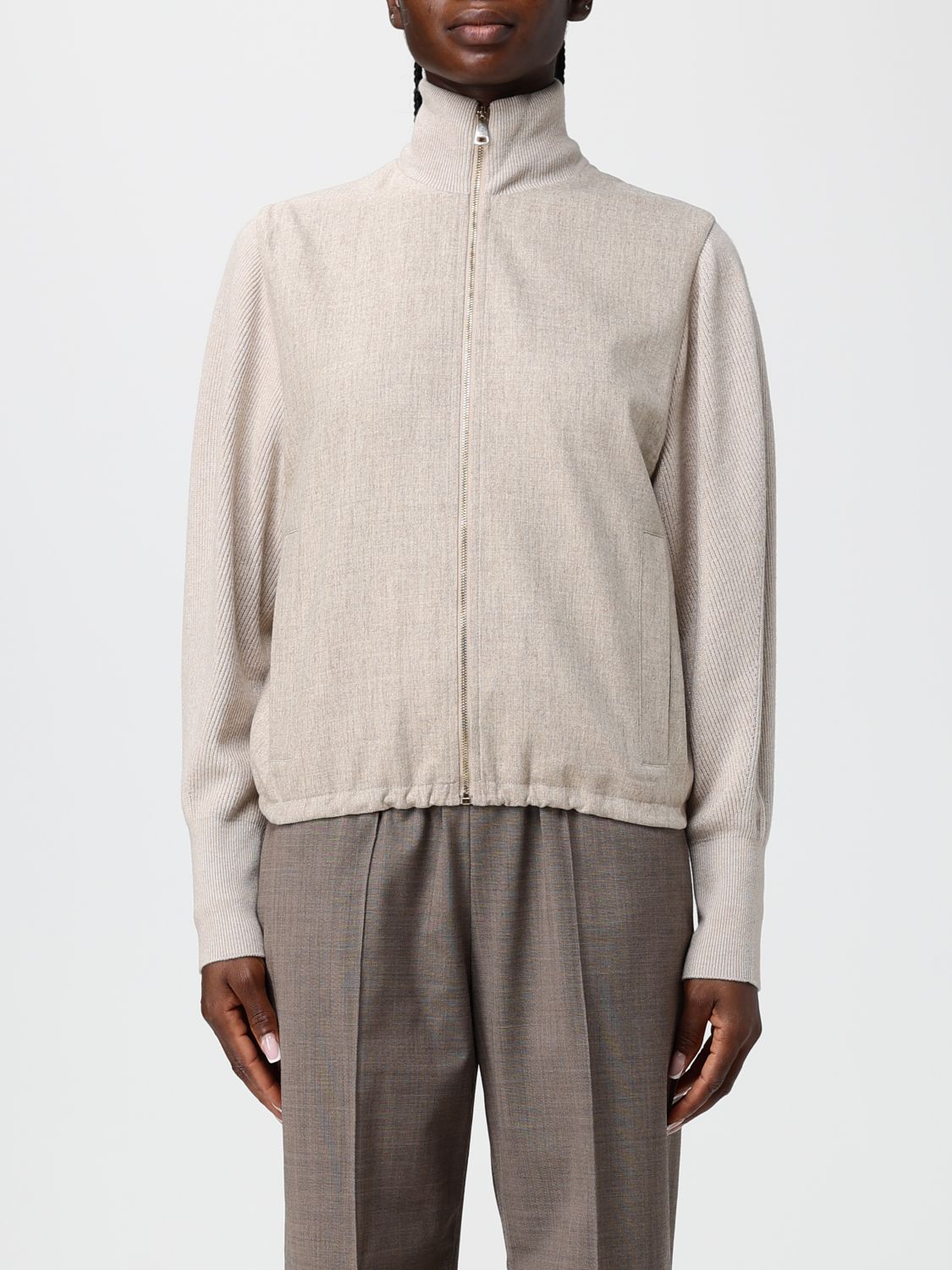 Fabiana Filippi High Neck Wool Blend Bomber Jacket with Metal Zip Closure