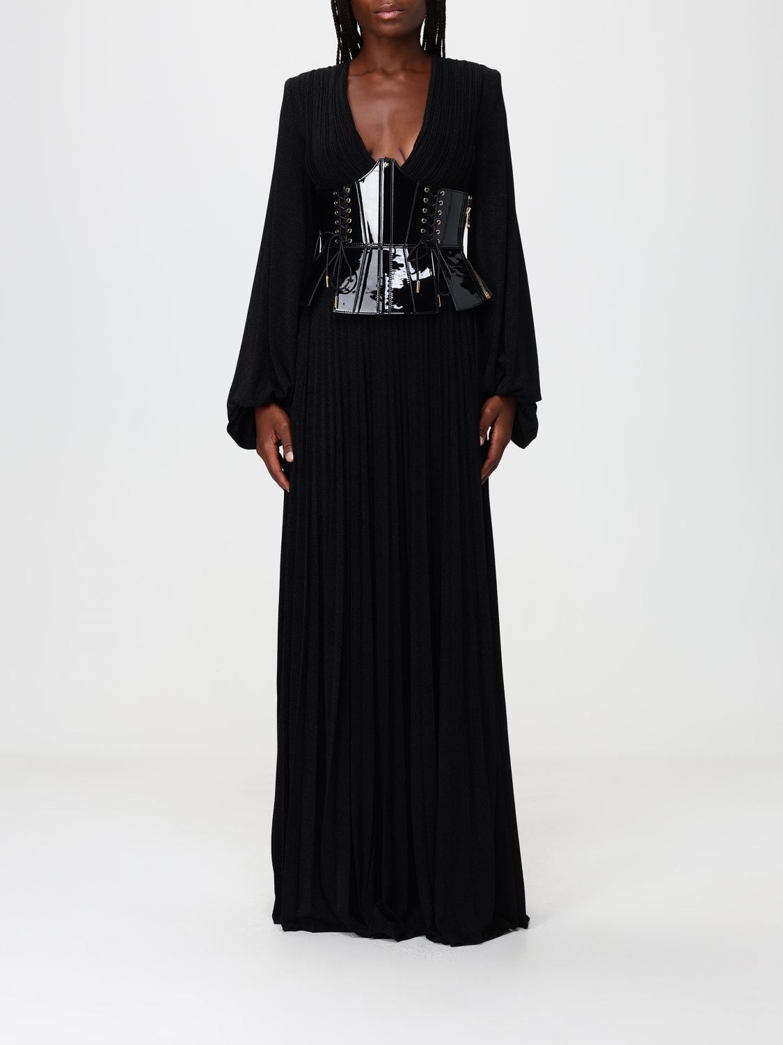 ELISABETTA FRANCHI Long Viscose Blend Evening Gown with a Corset Bodice and V-Neck