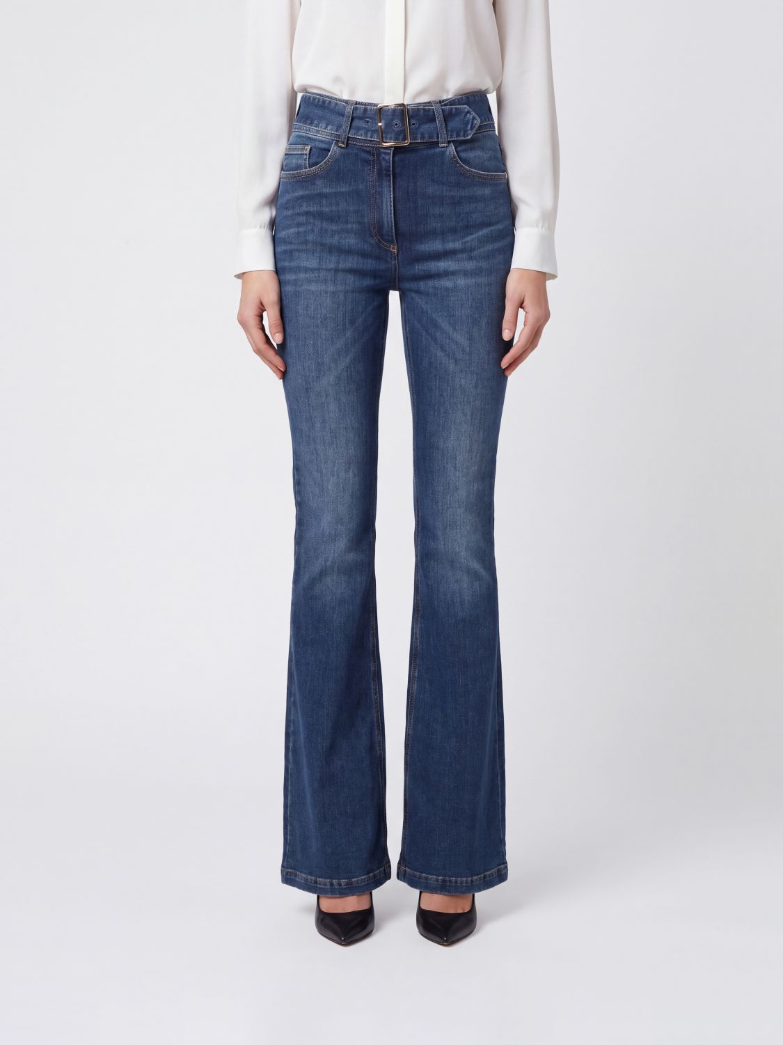 Elisabetta Franchi High-Waisted Skinny Flare Jeans in Cotton Denim