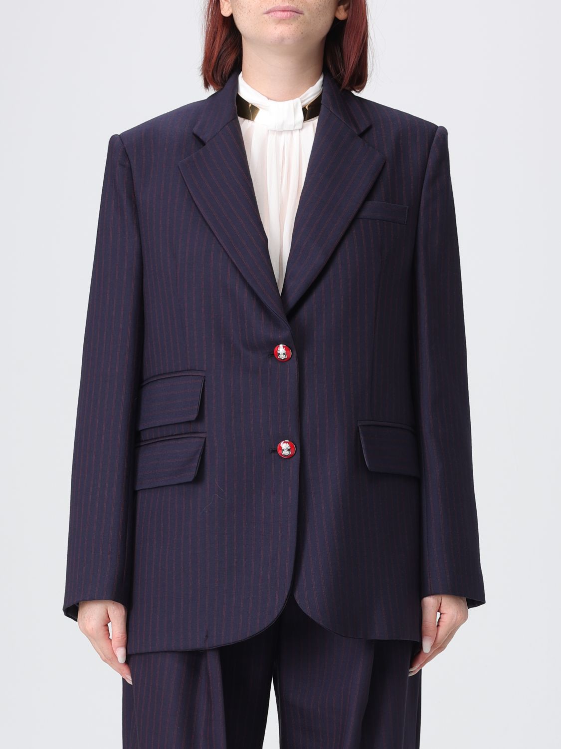 Elisabetta Franchi Single-Breasted Wool Blend Blazer with Pinstripe Motif