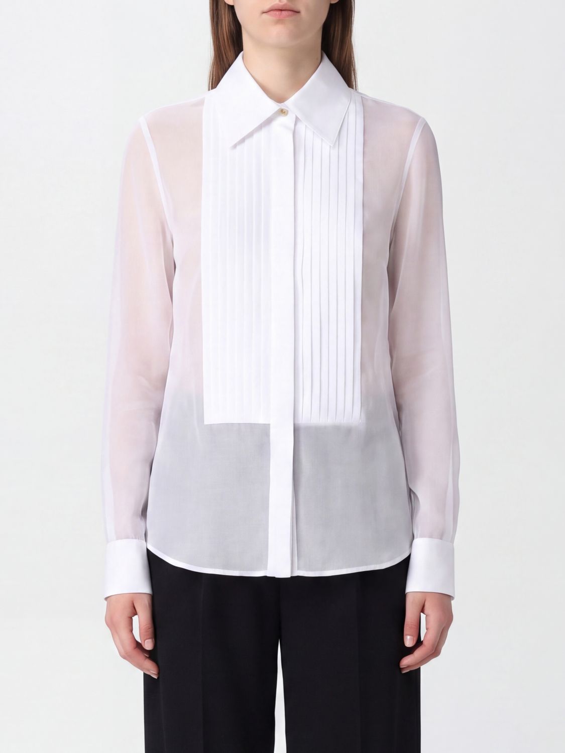 Elisabetta Franchi Slim Fit Silk and Organza Shirt with Embroidered Plastron
