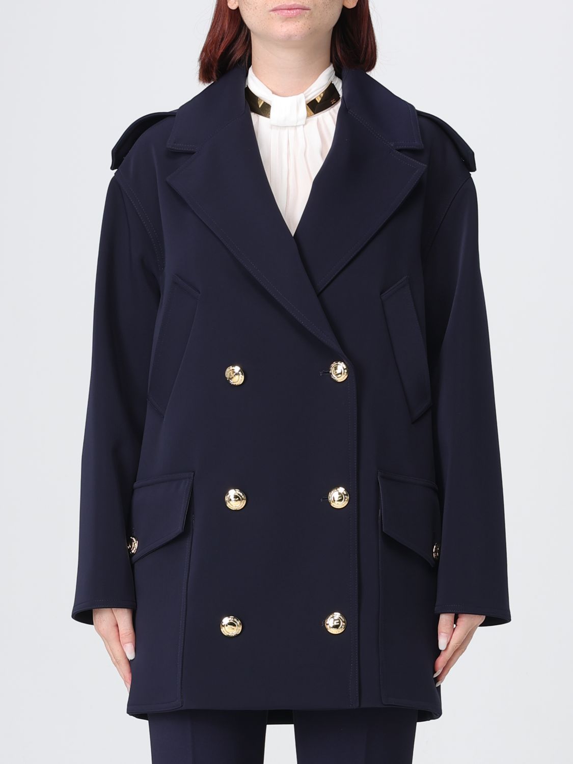 Elisabetta Franchi Knee-Length Double-Breasted Scuba Coat with Metallic Buttons