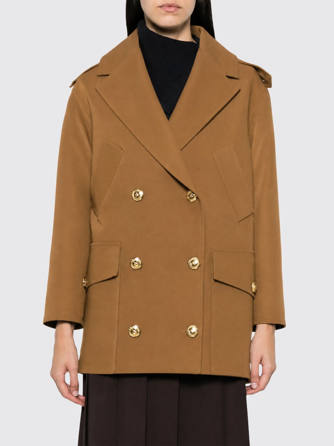 Elisabetta Franchi Knee-Length Double-Breasted Scuba Coat with Metallic Buttons