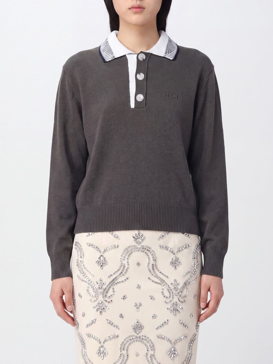 N° 21 Langärmeliges Poloshirt aus reiner Wolle mit Kontraststreifen