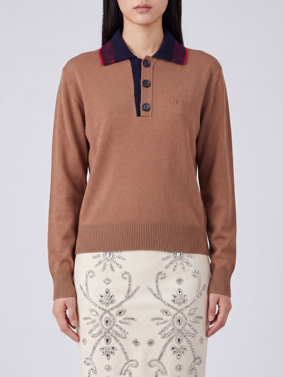 N° 21 Long-Sleeved Pure Wool Polo with Contrast Tipping