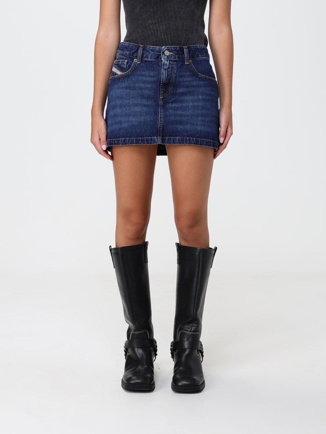 DIESEL Slim Fit Cotton Denim Mini Skirt with a Five-Pocket Design