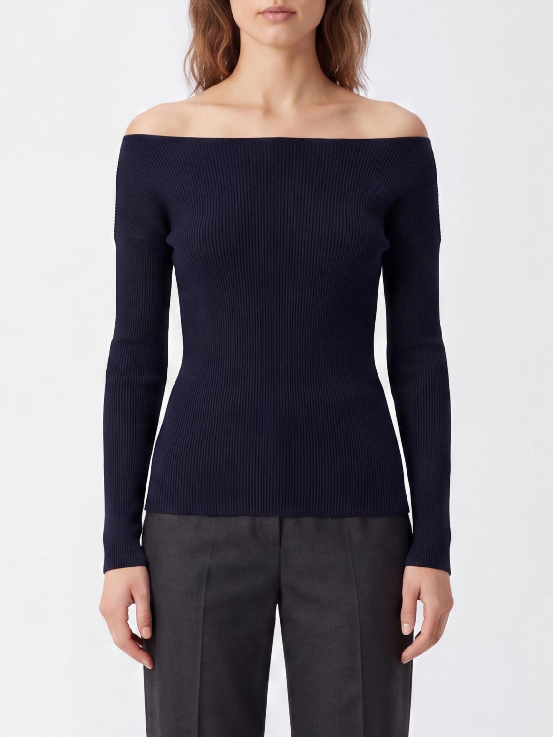 PAROSH P. A.R. O.S. H. Slim Fit Pure Wool Jumper with Straight Neckline and Dropped Shoulders