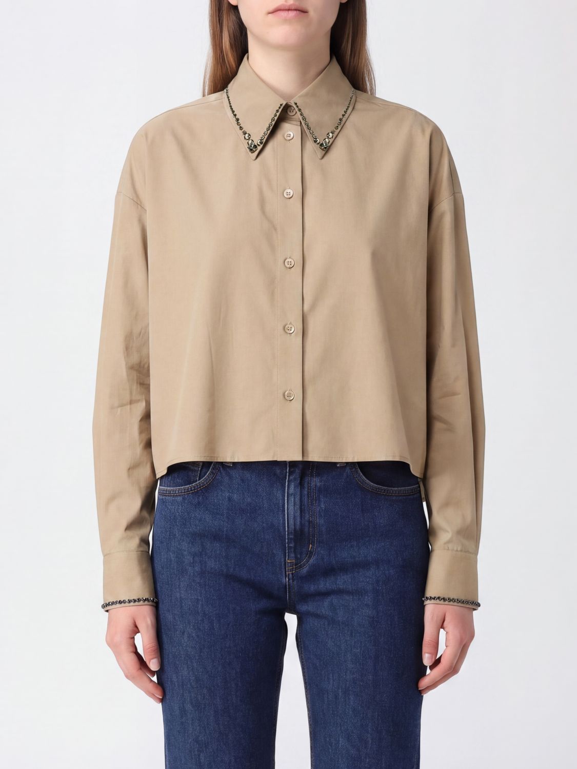 Fabiana Filippi Long-Sleeved Cotton Shirt with a Jewelled Collar and Rhinestones
