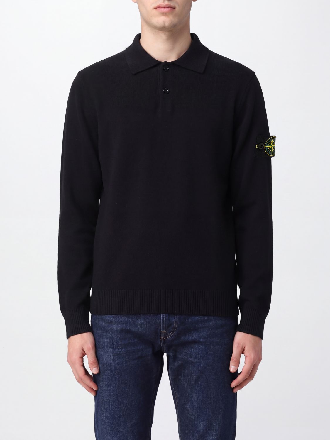 STONE ISLAND Polo a maniche lunghe in maglia di pura lana vergine con logo Compass