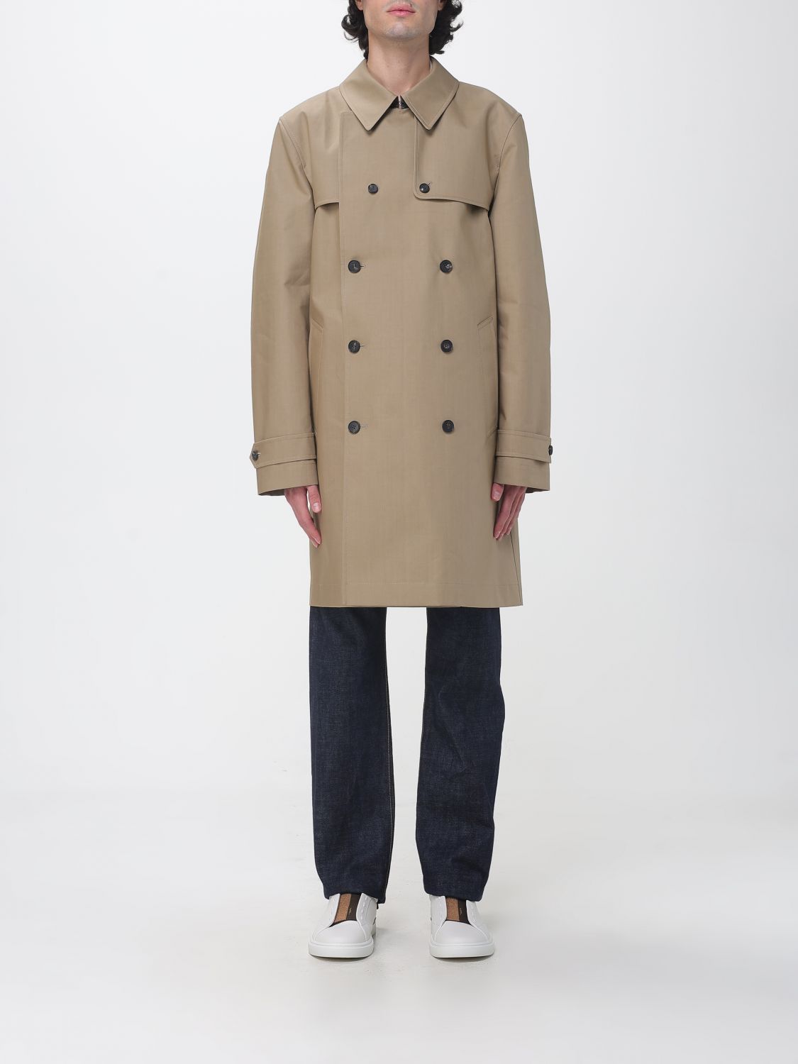 FENDI Knee-Length Double-Breasted Cotton Trench Coat with Back Vent