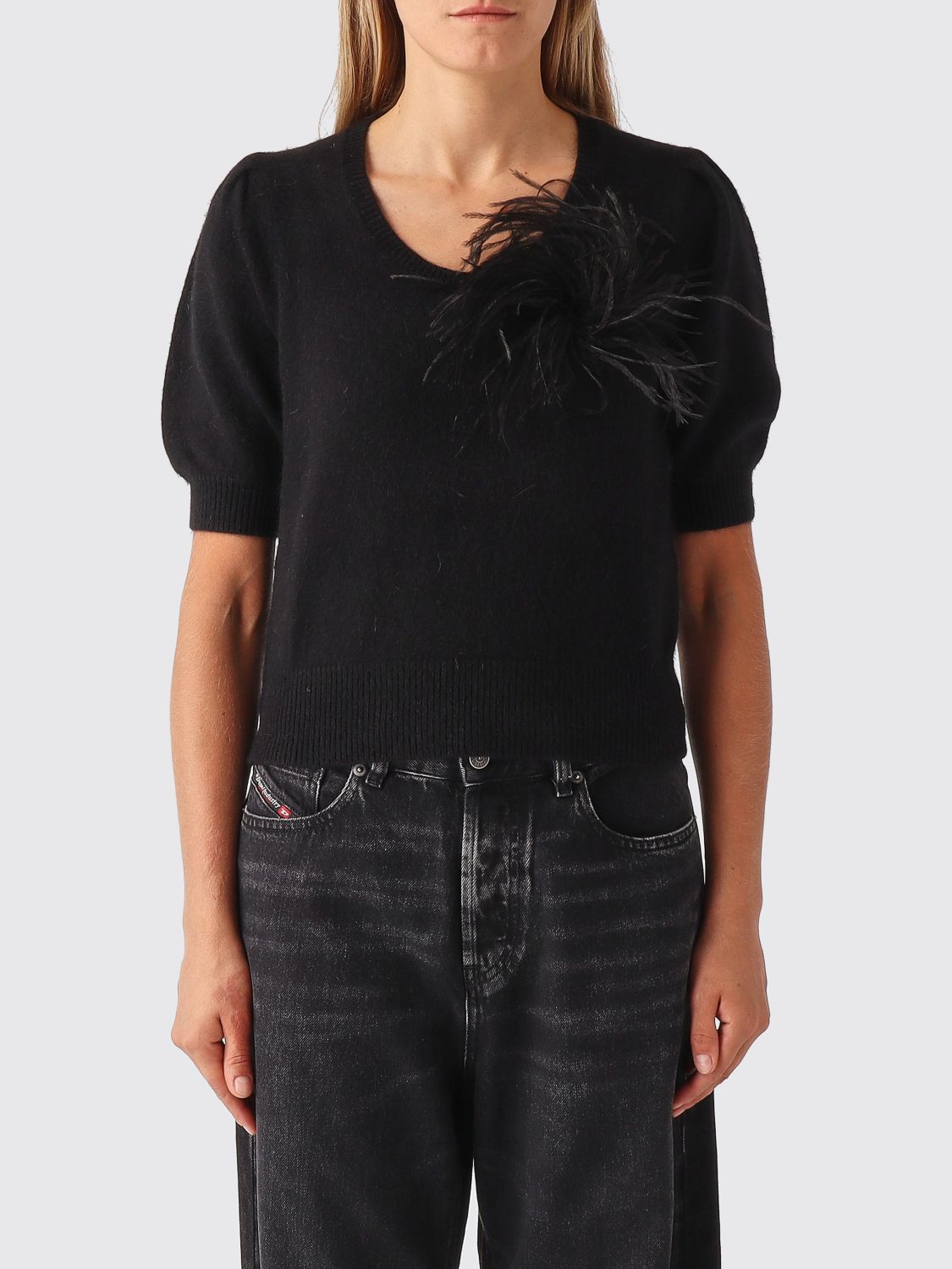 Twinset Maglia cropped in misto lana con maniche corte a palloncino e scollo a U