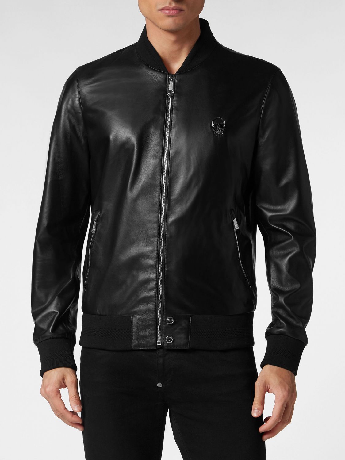 PHILIPP PLEIN Smooth Lambskin Leather Bomber Jacket with Elasticated Hem and Cuffs