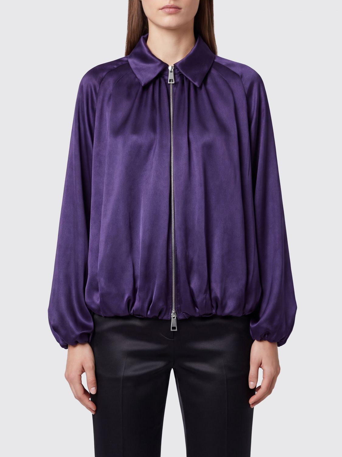 Liviana Conti Cropped Draped Satin Bomber Jacket with Balloon Sleeves
