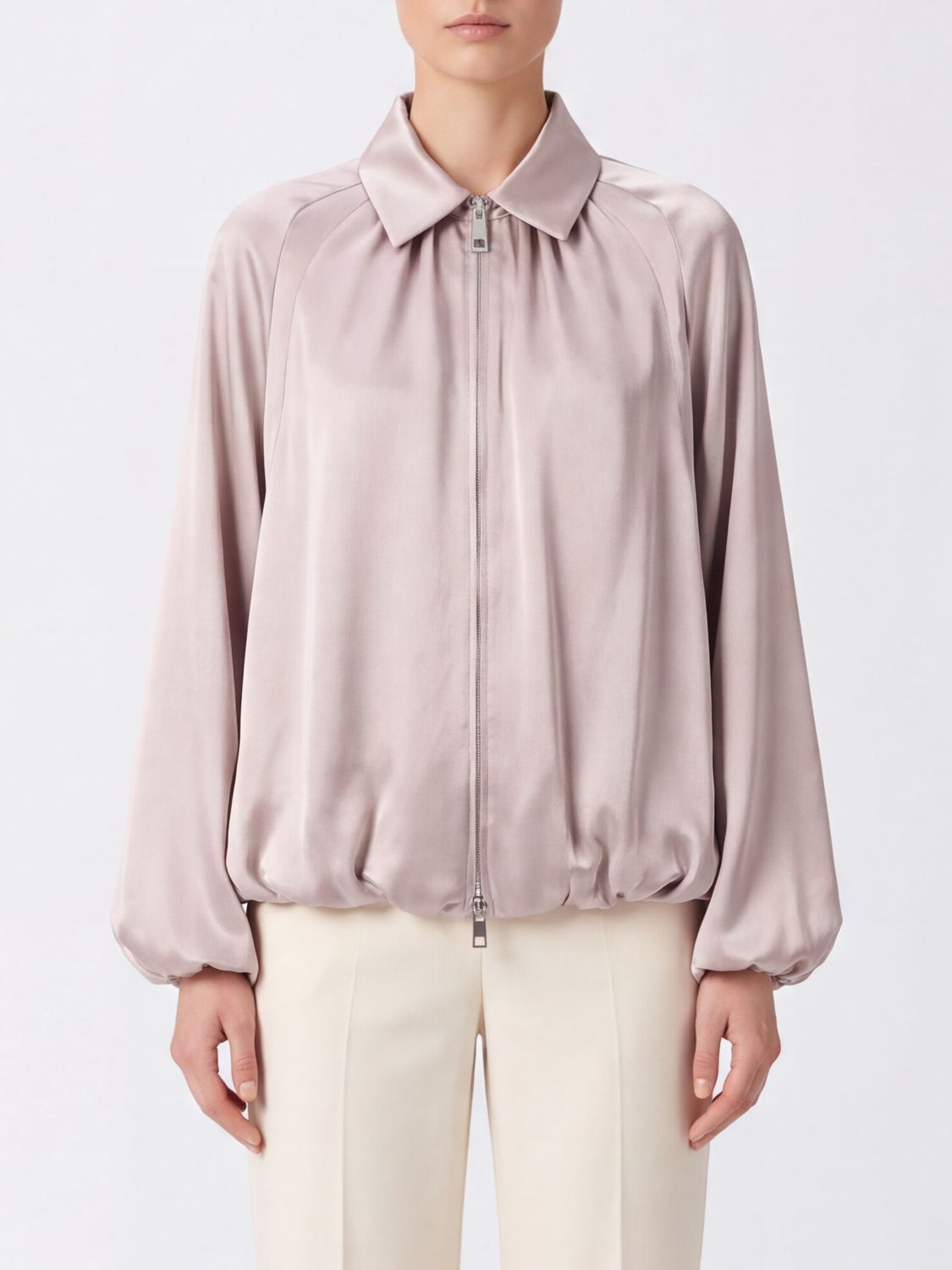 LIVIANA CONTI Cropped Draped Satin Bomber Jacket with Balloon Sleeves LIVIANA CONTI Cropped Draped Satin Bomber Jacket with Balloon Sleeves