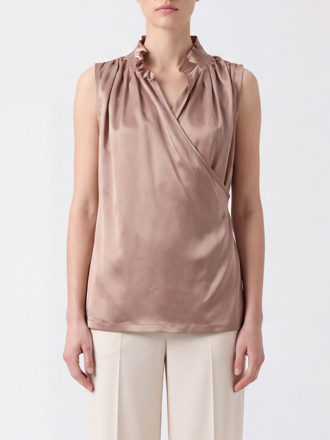 LIVIANA CONTI Sleeveless Draped Satin Blouse with Ruffled Collar LIVIANA CONTI Sleeveless Draped Satin Blouse with Ruffled Collar