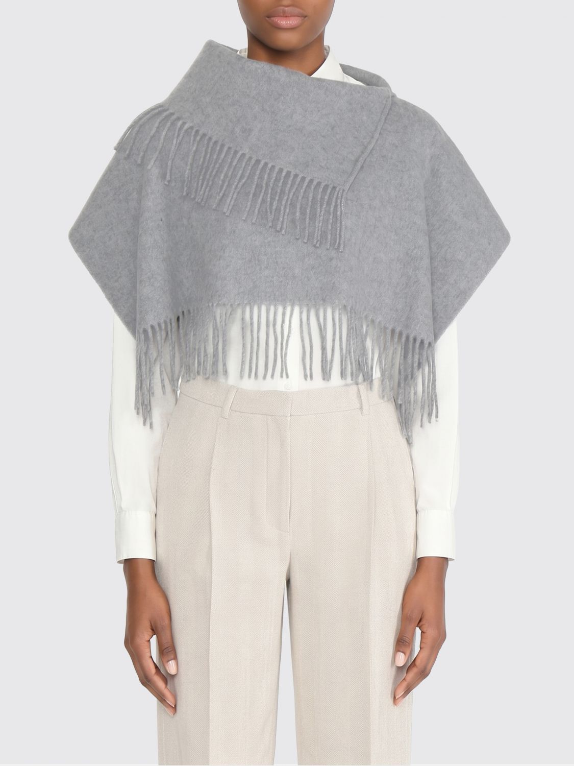Liviana Conti Cropped Wool Cape with Short Sleeves and Fringed Hem