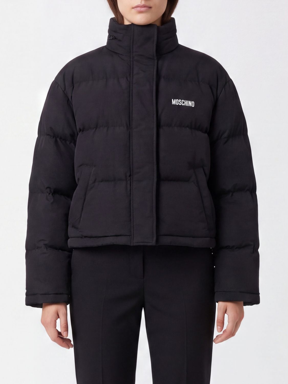 MOSCHINO COUTURE Cropped Quilted Nylon Puffer Jacket with Graphic Print