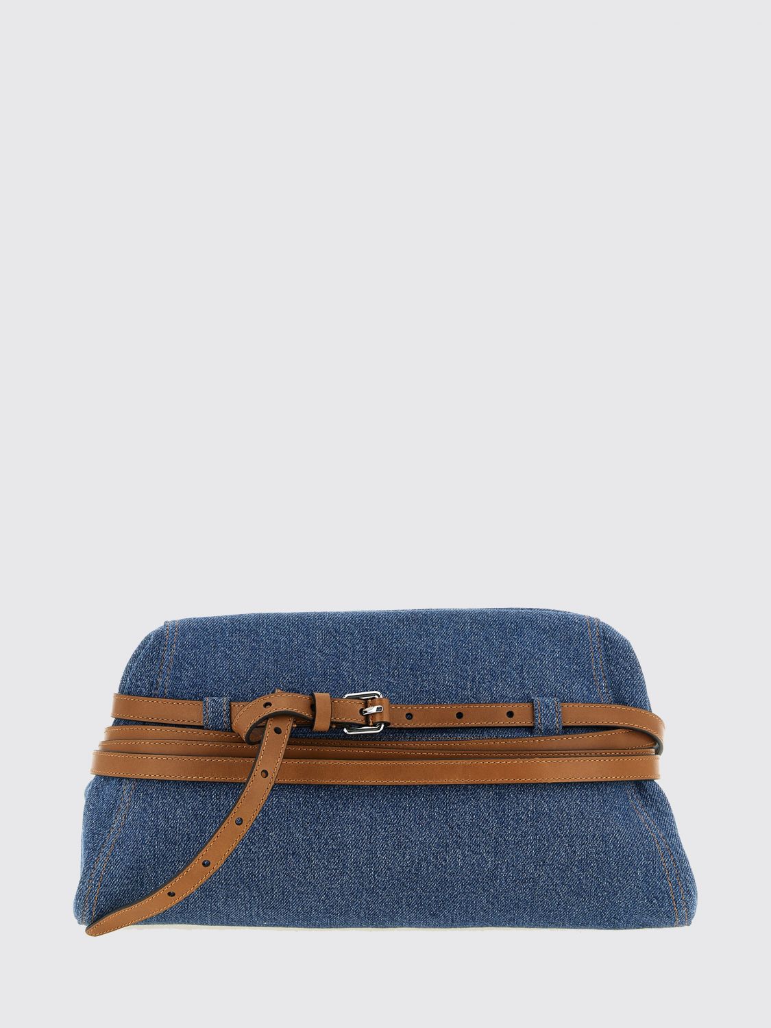 MOSCHINO COUTURE Clutch Tie Me in denim con tracolla amovibile