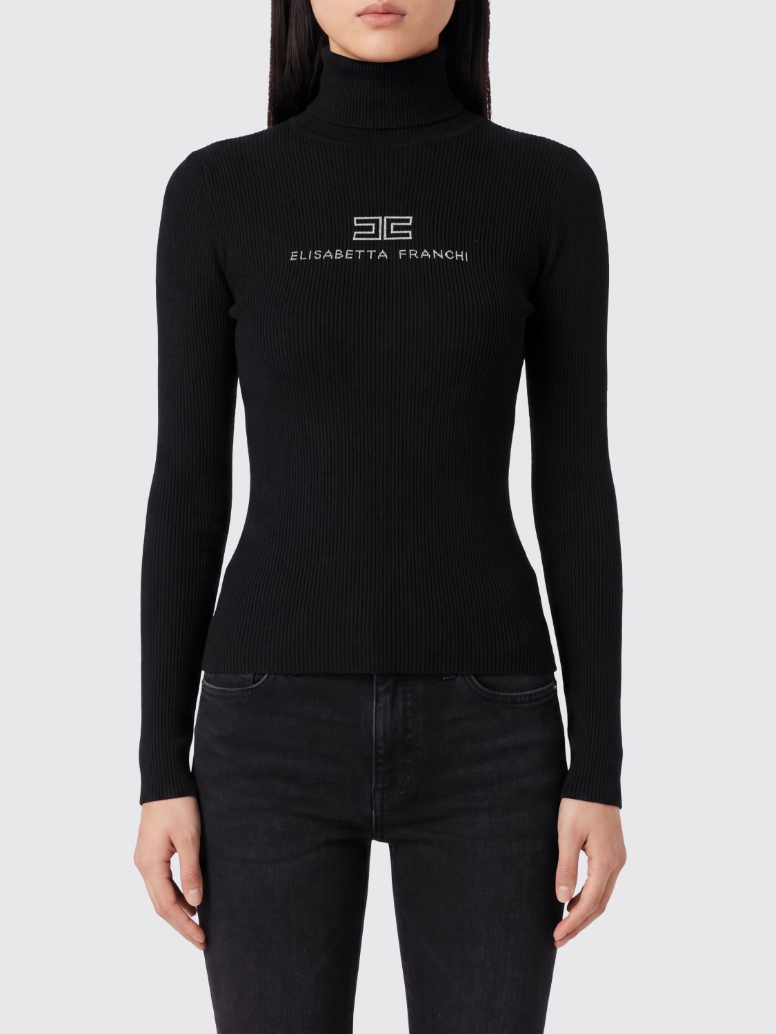 Elisabetta Franchi Slim Fit Wool Turtleneck Jumper with Contrast Logo