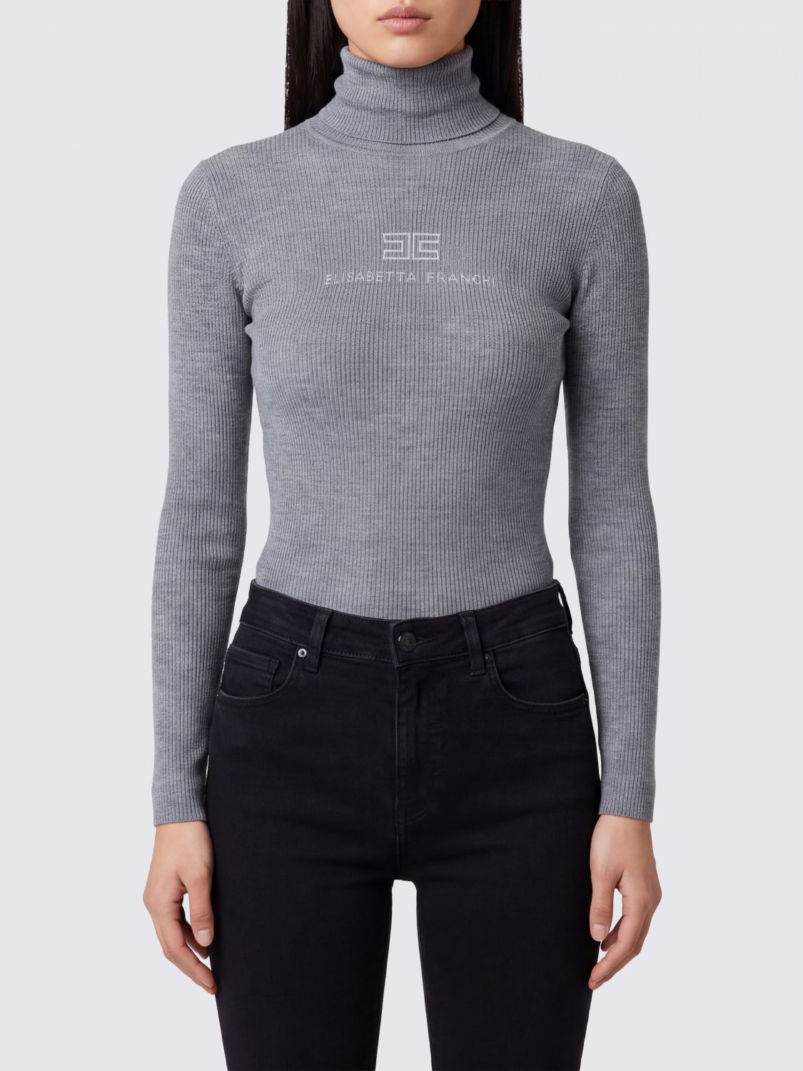 ELISABETTA FRANCHI Schmal geschnittener Wollrollkragenpullover mit Kontrastlogo