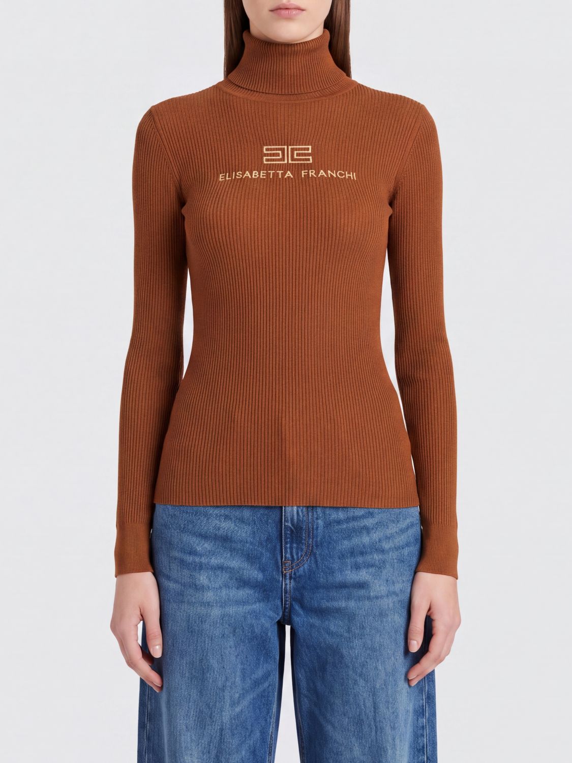 ELISABETTA FRANCHI Schmal geschnittener Wollrollkragenpullover mit Kontrastlogo