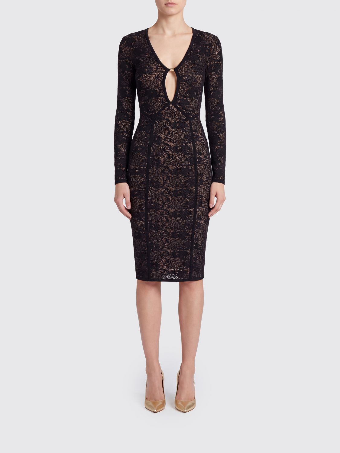 ELISABETTA FRANCHI Lace Midi Sheath Dress with Cut-Out Details