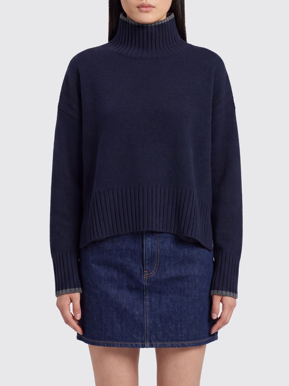 PINKO Wool and Cashmere Turtleneck Jumper with Dropped Shoulders and Contrast Trim