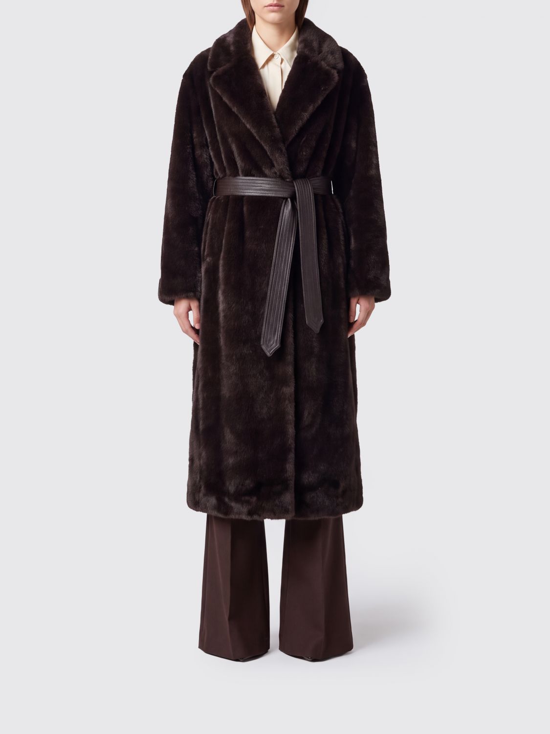 PINKO Long Robe Coat in Faux Fur with a Waist Tie Belt