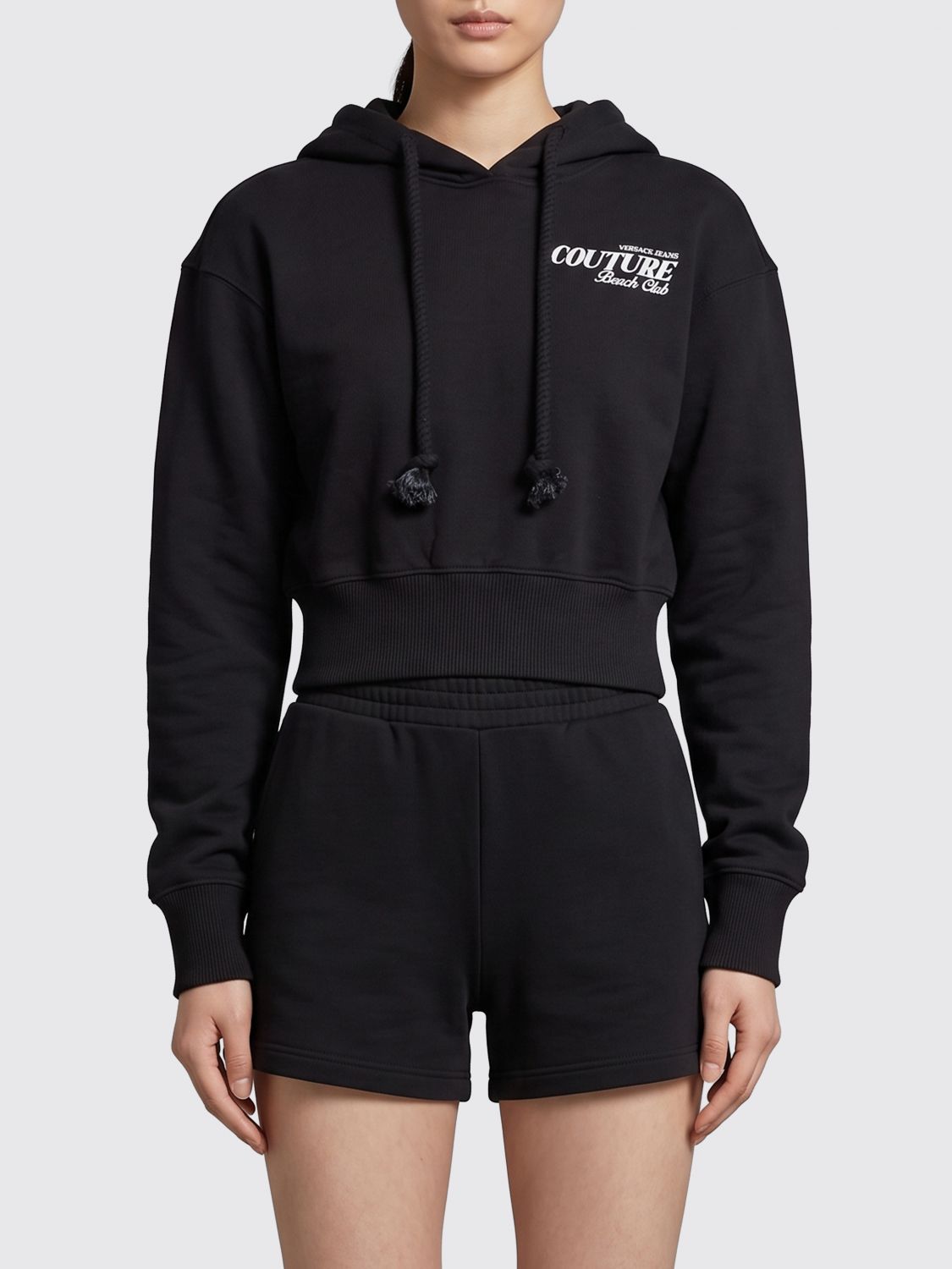 VERSACE JEANS COUTURE Cropped Cotton Hoodie with Contrast Logo