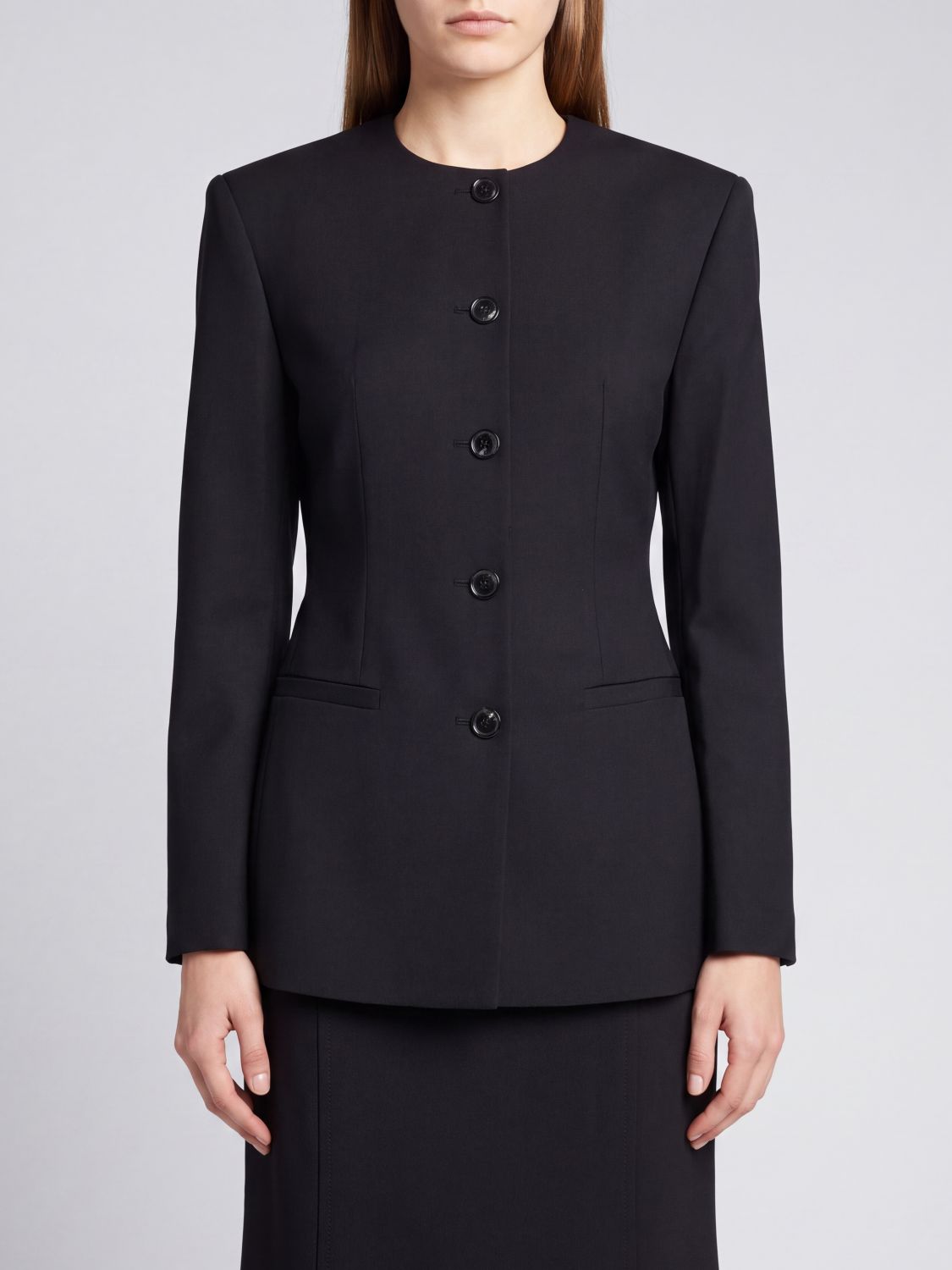 ANINE BING Cropped Slim Fit Wool Blend Blazer with Crew Neck