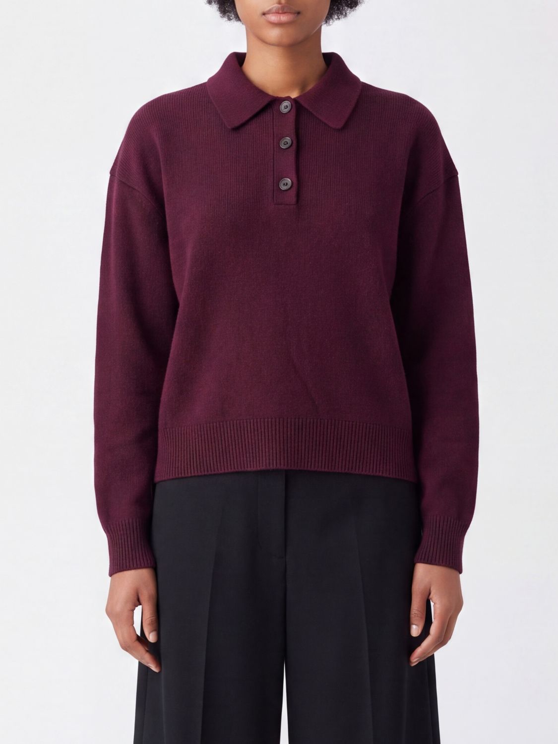 ANINE BING Long-Sleeved 100% Cashmere Knit Polo Shirt with Dropped Shoulders